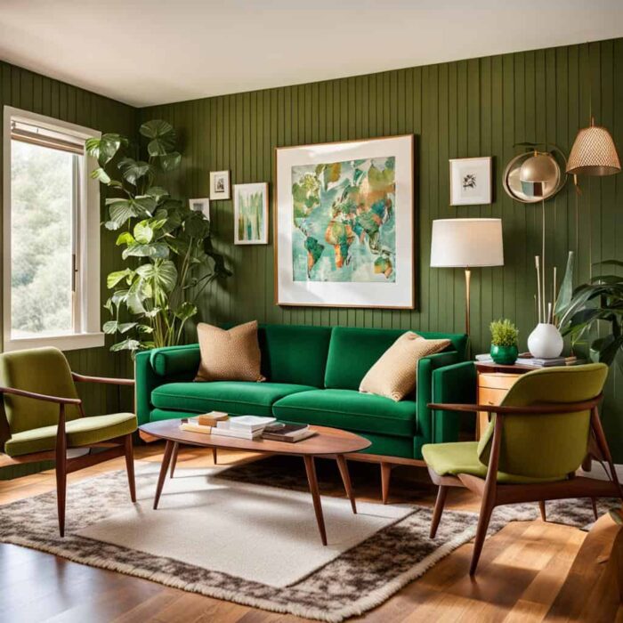 midcentry modern living room with gree wall, green couch and green chairs
