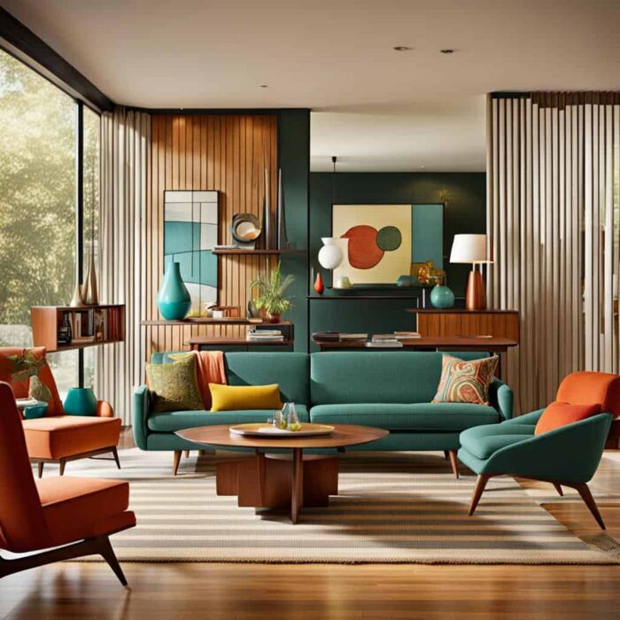 midcentry modern living room with green couch amd wood accents