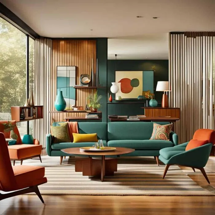 midcentry modern living room with green couch amd wood accents