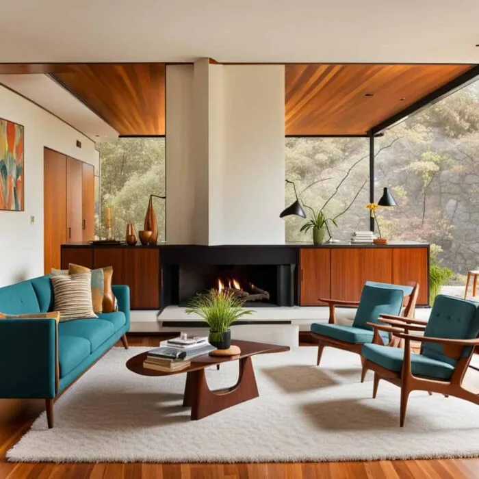 midcentry modern living room with fireplace, large windows, acouch and chairs
