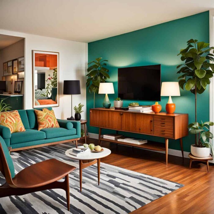 midcentry modern living room with teal green wall. couch and tv