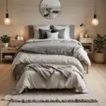 bedroom with cozy bed, night stand and artwork in neutral colors
