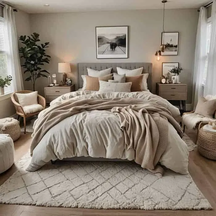 bedroom with cozy bed, night stand and artwork in neutral colors