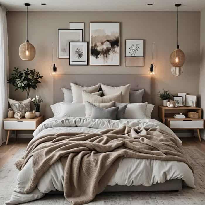 bedroom with cozy bed, night stands, lights and artwork in neutral colors