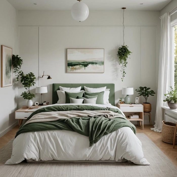 bedroom with cozy bed, night stand and artwork in neutral and green colors