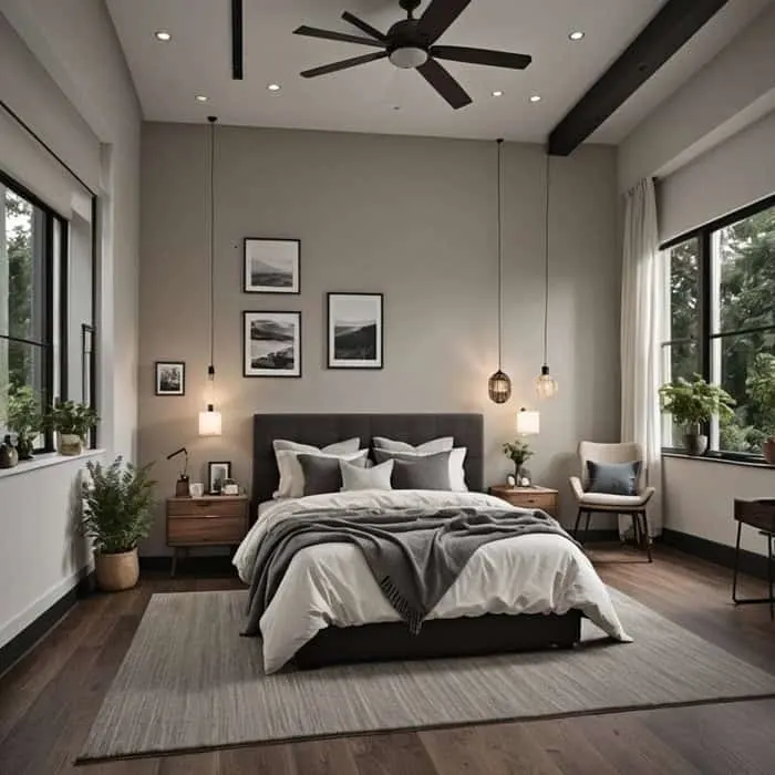 elegant bedroom with cozy bed, night stand and artwork in neutral colors