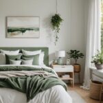 bedroom with bed and nightstand in neutral and green colors