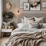 bedroom with cozy bed and night stand and artwork in neutral colors