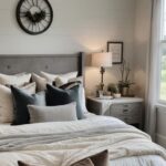 bedroom with bed and night stand in neutral colors