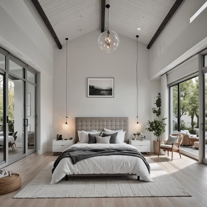 large, high ceilings in bedroom with cozy bed, night stand and artwork in neutral colors