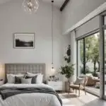 bedroom with cozy bed and night stand and artwork and large window n white colors