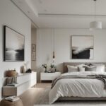 modern bedroom with cozy bed and night stand and artwork in neutral colors
