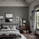 modern bedroom with bed and night stand and artwork in gray colors