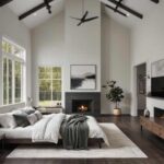 simple bedroom with high ceilings with cozy bed and night stand and artwork in neutral colors