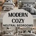 bedroom with cozy bed, night stand and artwork in neutral colors pinterest graphic