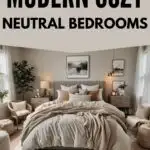 bedroom with cozy bed and night stand and artwork in neutral colors pinterest graphic