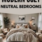 bedroom with cozy bed and night stand and artwork in neutral colors pinterest graphic