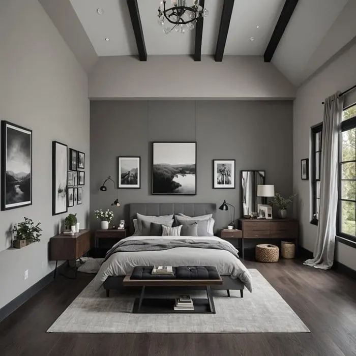 large gray bedroom with cozy bed, night stand and artwork in neutral colors