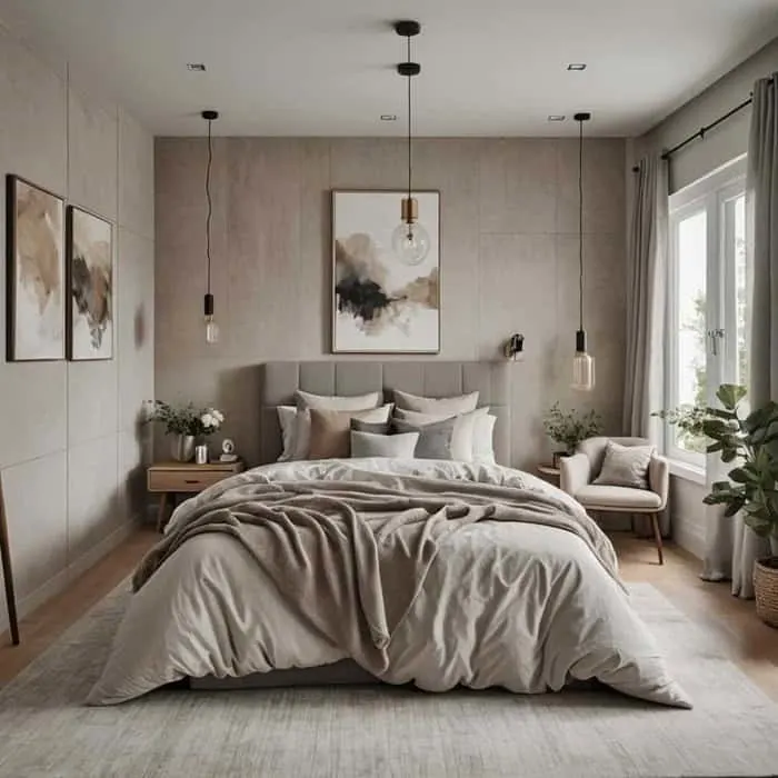 bedroom with cozy bed and night stand and artwork in neutral colors