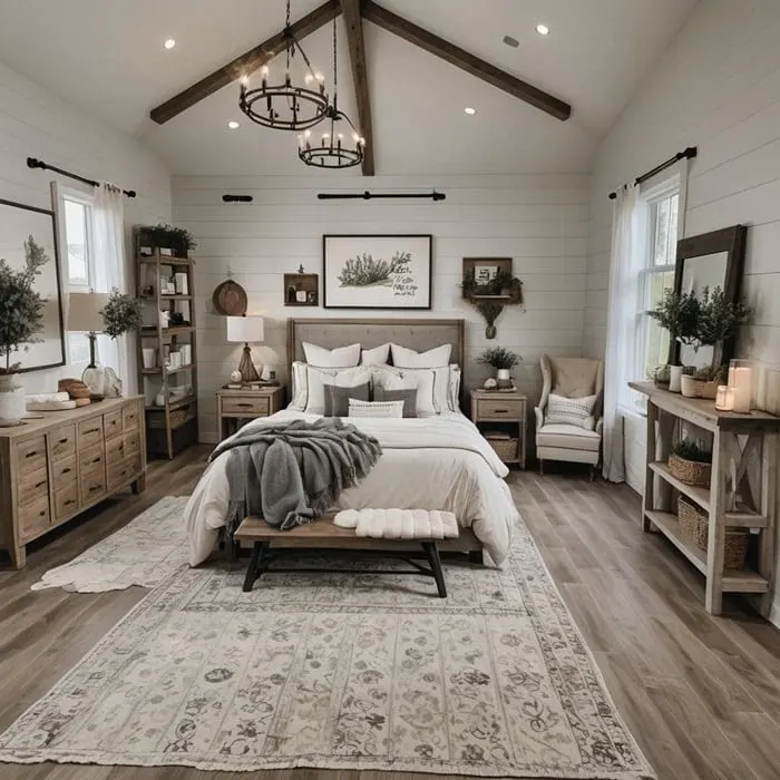 farmhouse bedroom with cozy bed and night stand and artwork in neutral colors