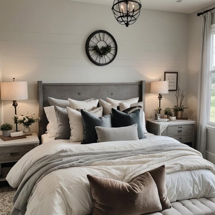 elegant bedroom with cozy bed and night stand and artwork in neutral colors