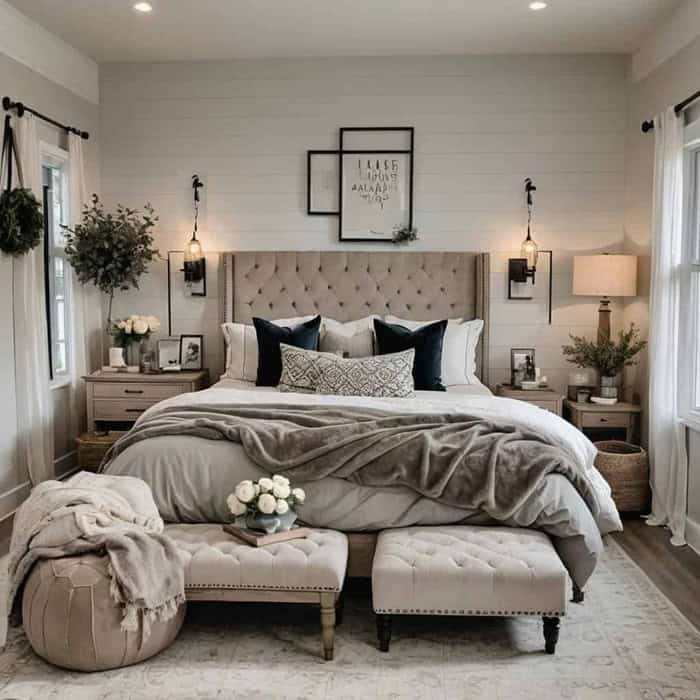 small bedroom with cozy bed and night stand and artwork in neutral colors