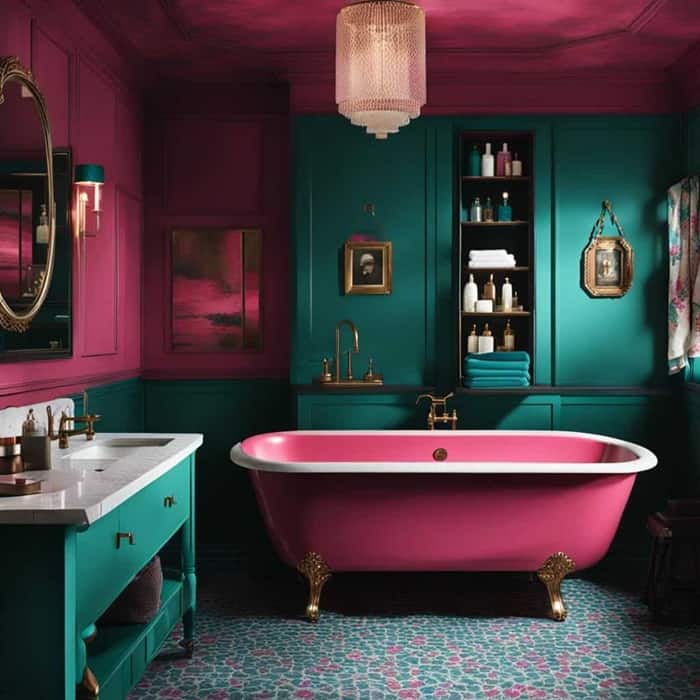 pink and teal moody vintage bathroom