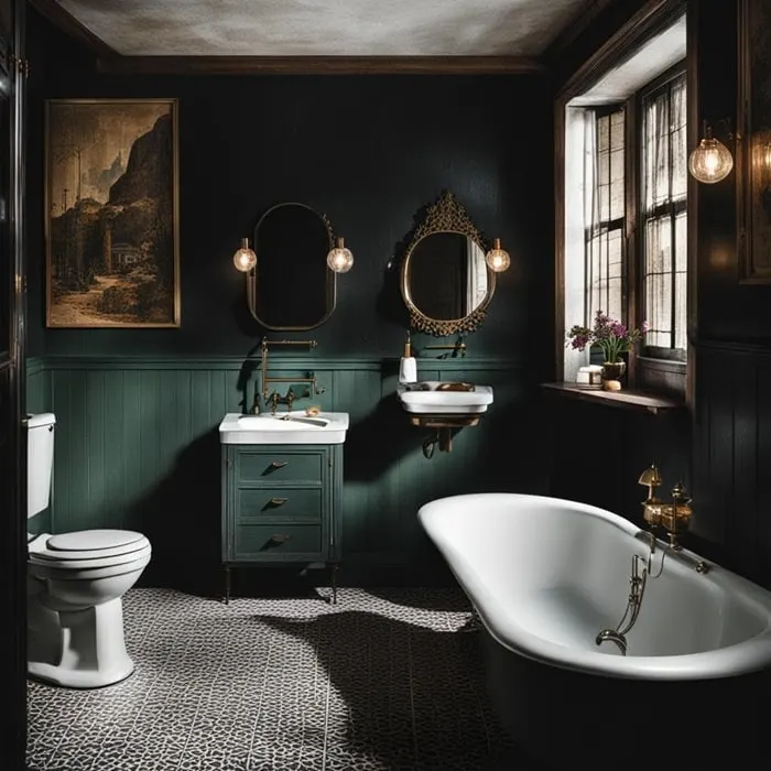 green moody vintage bathroom with tub and toilet