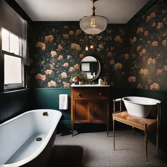 wallpapered moody vintage bathroom