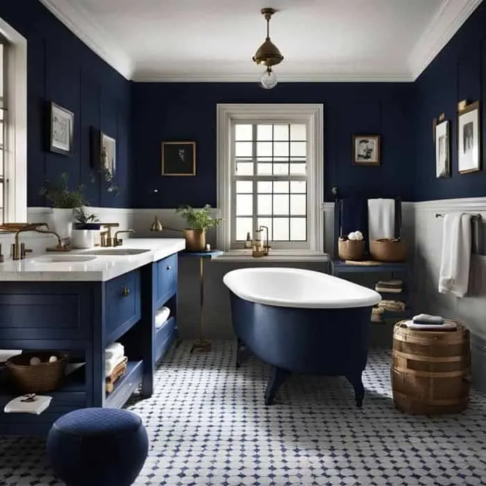 navy blue moody vintage bathroom 