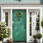 green front door with a wreath on it