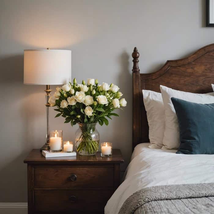 Bed and Nightstand with flowers and candles
