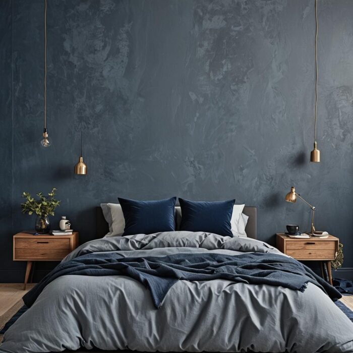 bed with blue bedding and ble wall