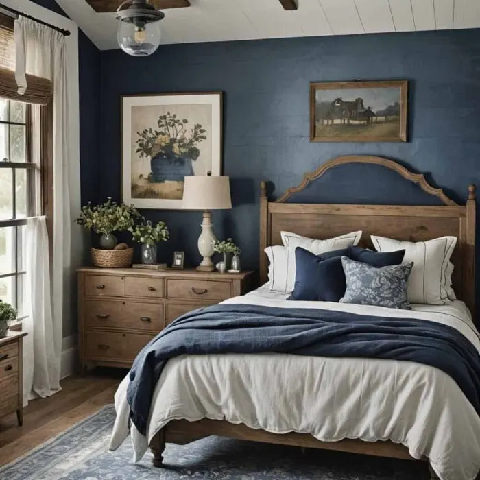 Farmhouse style bedroom with dark blue walls