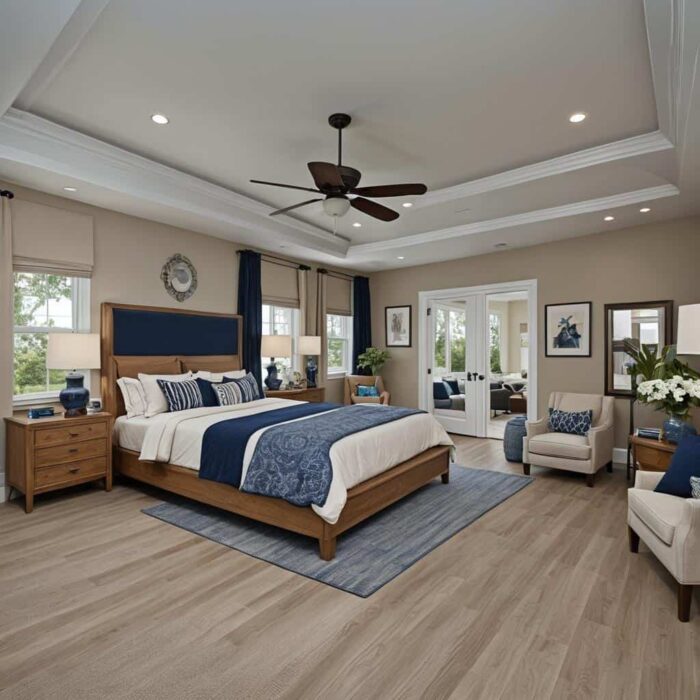 large traditional bedroom with tan walls and blue accents