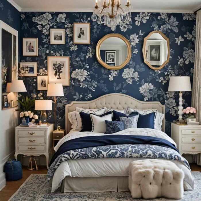 small bedroom with blue floral wallpaper and bed with blue and white bedding