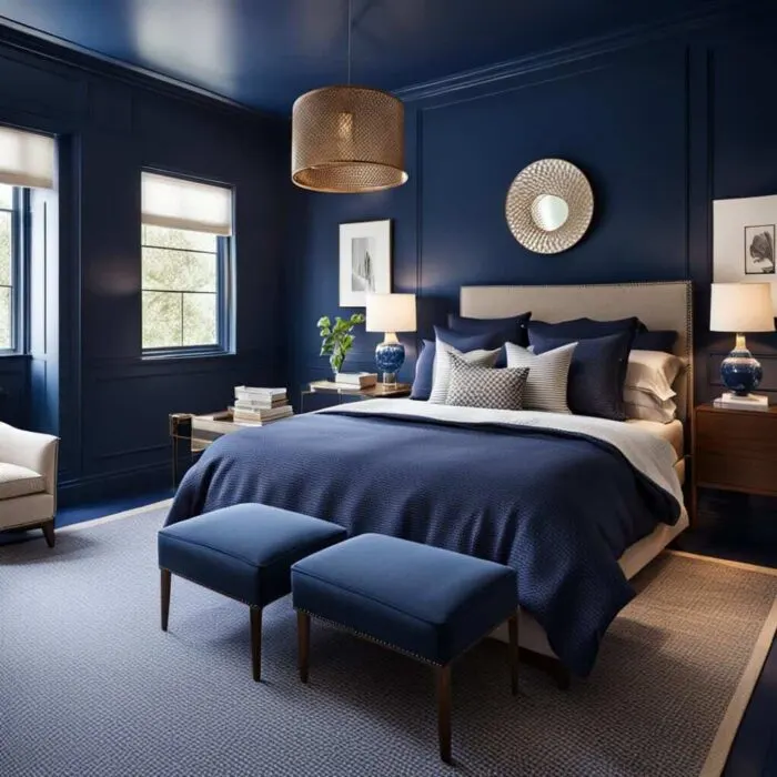 bedroom with navy blue walls and bedding