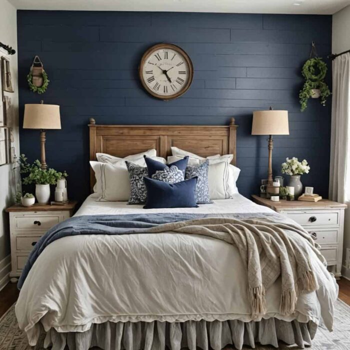 farmhouse style smally bedroom with navy blue shiplap wall