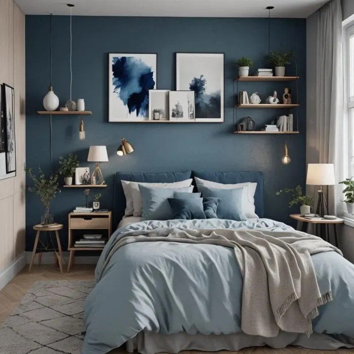 small bedroom with bed and blue walls