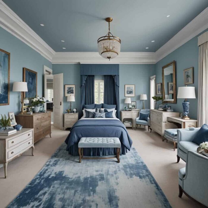 larger bedroom with blue accents and blue walls
