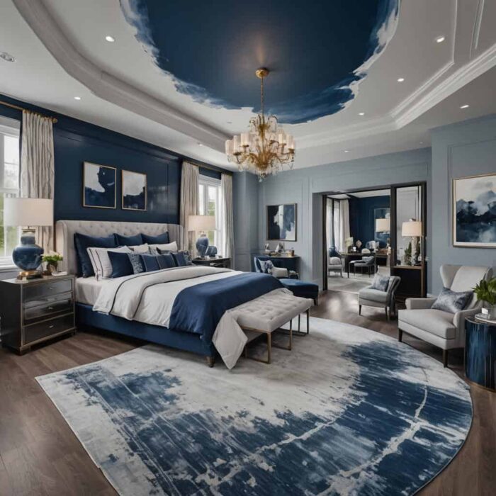 large blue bedroom with bed, and seating area