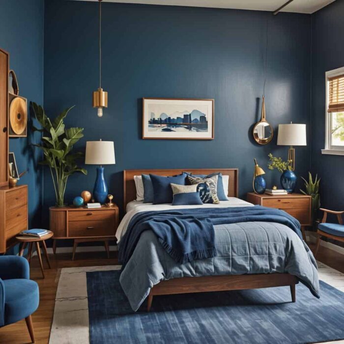 Deep blue bedroom in a midcentury modern style