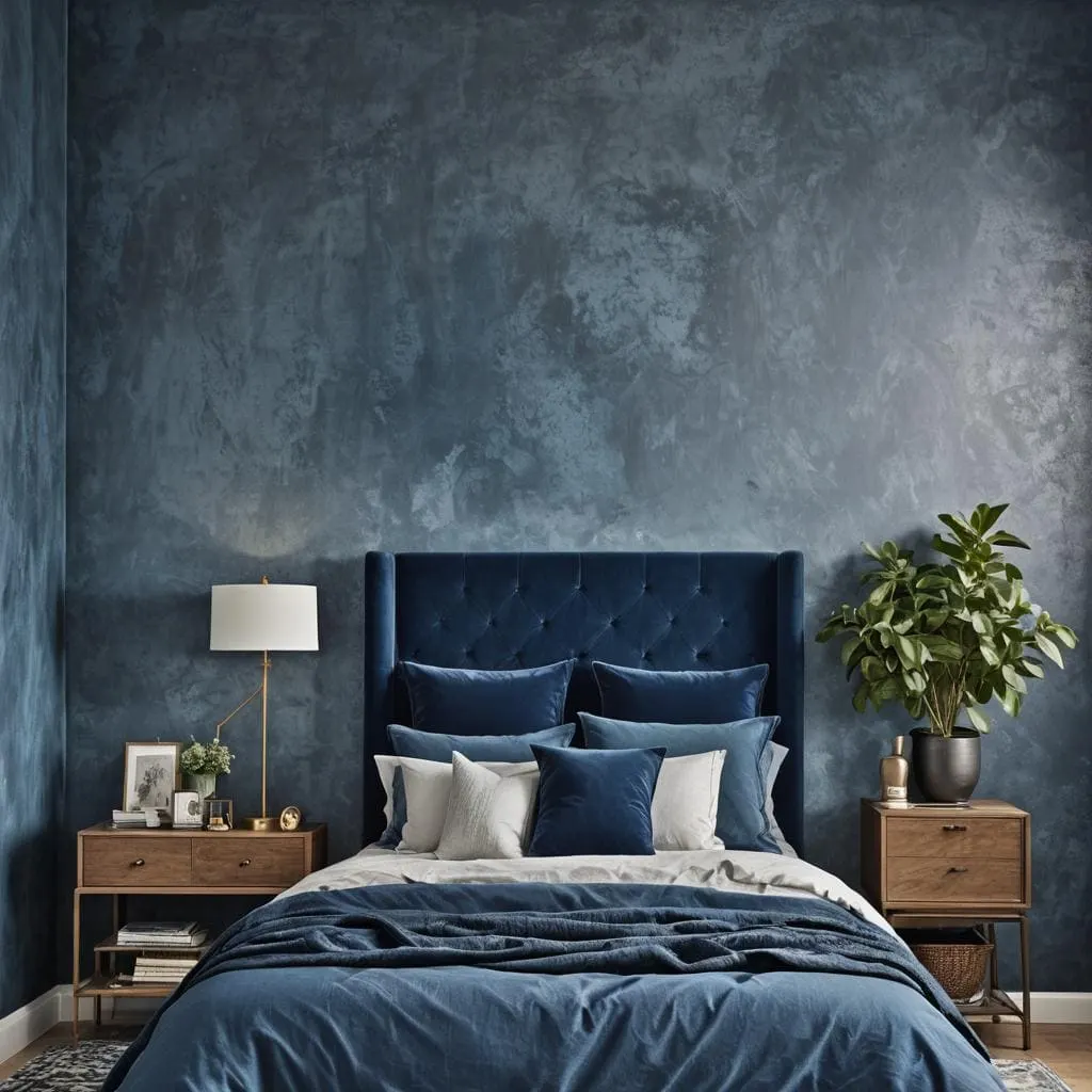 Deep blue bedroom with bed and nightstands in a minimalist style