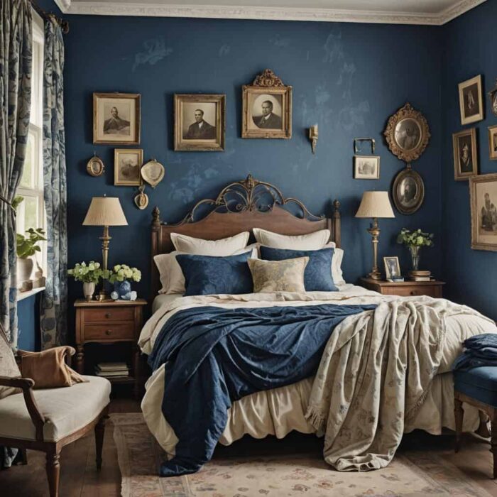 Deep blue bedroom in a vintage style