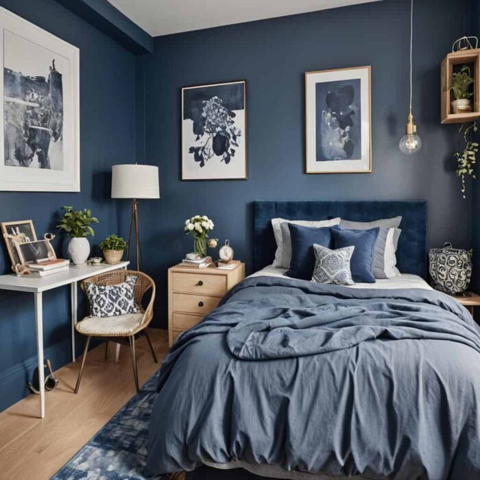 Deep blue bedroom with bed and desk