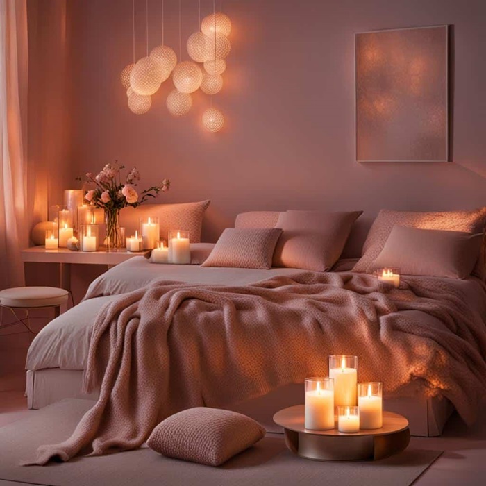 romantic bedroom with bed and candles