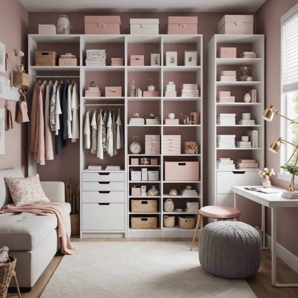 walk in closet with organized shelves, small desk and seating