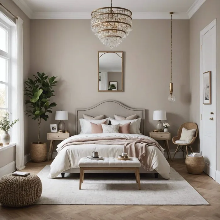 neutral bedroom with bed, night stands, plant, and lighting