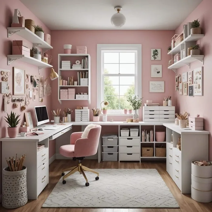 craft room with pink walls, white wrap around desk and wall shelves