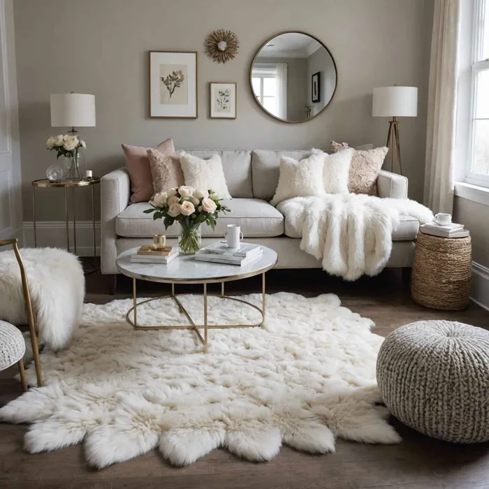 neutral room with couch and fur rug